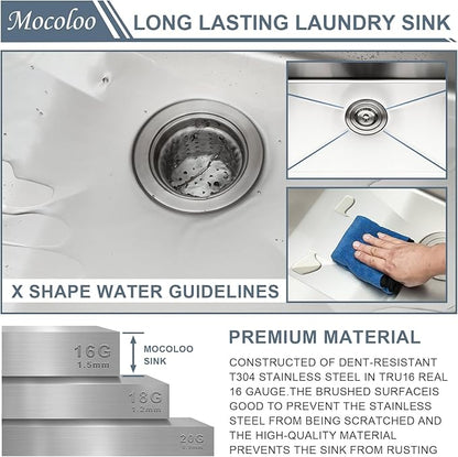 Mocoloo 23 Inch Laundry Sink - 23 x 18 Undermount Utility Sinks 16 Gauge Single Bowl Stainless Steel Utility Tub Sink 12 Inch Deep Laundry Room Sinks Under Counter Seamless Handmade Basin