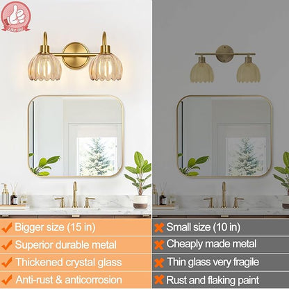 Bathroom Light Fixtures, 2-Light Brushed Gold Vanity Lights for Bathroom with Ribbed Amber Tulip Glass Shade, Vanity Lights Over Mirror for Bedroom, Living Room, Hallway