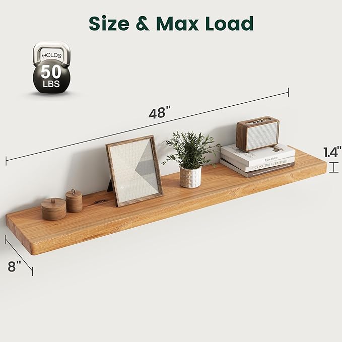 48 Inch Flat Edge Floating Shelves, 8 Inch Deep Solid Elm Wood Wall Shelf, Heavy-Duty Wall Mounted Shelf with Invisible Brackets for Living Room, Bathroom, Kitchen, Set of 1, Natural Color