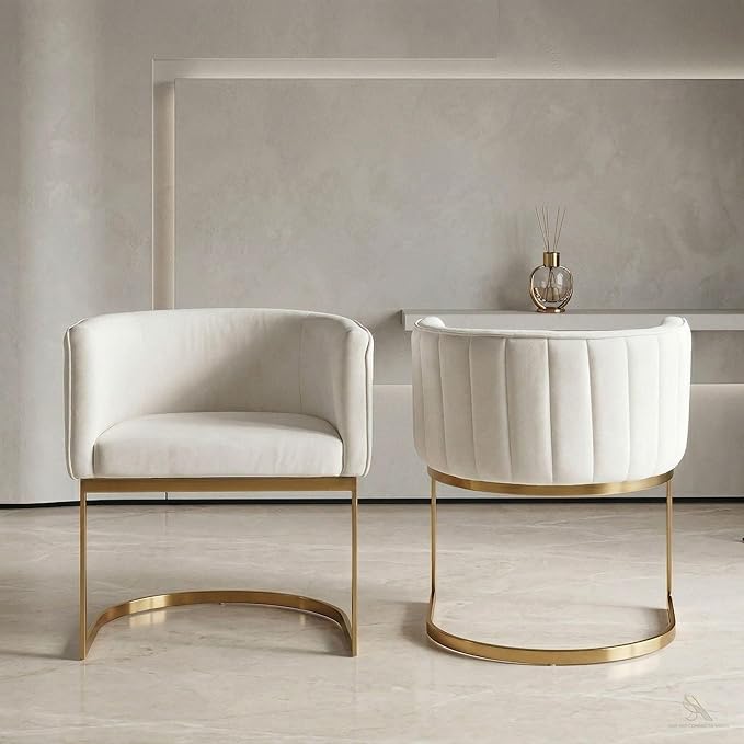 Hyfirm Beige and Gold Barrel Dining Chairs Set of 2, Modern Velvet Upholstered Accent Chairs with Curved Back for Kitchen Island, Luxury Comfort Seating Cantilever Metal Frame