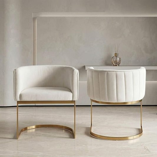 Hyfirm Beige and Gold Barrel Dining Chairs Set of 2, Modern Velvet Upholstered Accent Chairs with Curved Back for Kitchen Island, Luxury Comfort Seating Cantilever Metal Frame
