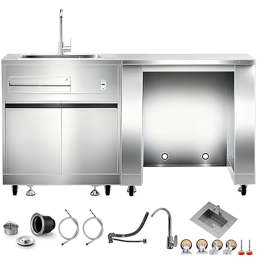 BODEGA Stainless Steel Commercial Restaurant Sinks Cabinet and Outdoor Kitchen Cabinet for Refrigerator Combo, Freestanding Utility Sink with Brake-Wheels & Spice-Rack, for Home, Kitchen, RV.