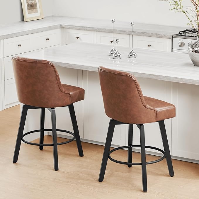 KISLOT Swivel Counter Height Bar Stools Set of 4, 26" Upholstered Faux Leather Barstools with Back,Thick Seat and Square Solid Wood Legs for Kitchen Island Home Bar, Brown