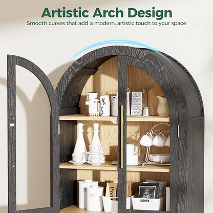 63" Arched Storage Cabinet, 5-Tier Modern Arched Cabinet with Glass Doors, Tall Arched Cabinet Adjustable for Living Room, Dining Room Office, Black ﻿