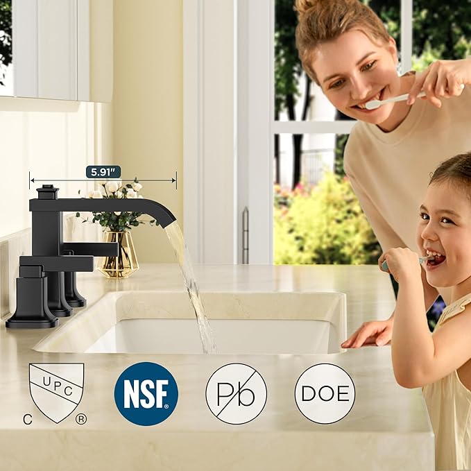 FORIOUS 3 Hole Bathroom Vanity Sink Faucet,Matte Black Waterfall Widespread Bathroom Faucets 2-Handle with Metal Pop-Up Drain, Modern Design