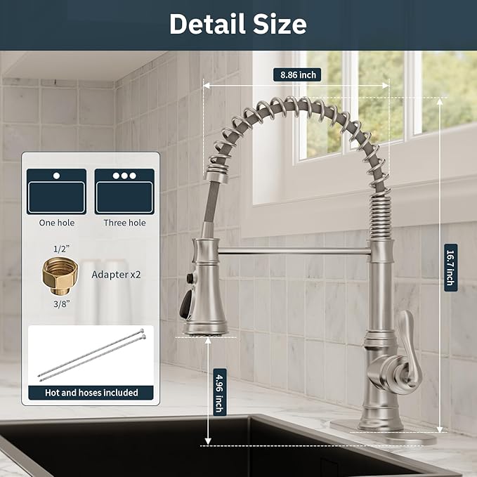 BWE Brushed Nickel Kitchen Faucet with Pull Down Sprayer, Single Handle High Arc Kitchen Sink Faucet 1 Hole or 3 Hole, Solid Brass Spring Kitchen Faucet with 3-Mode Sprayer for Farmhouse RV