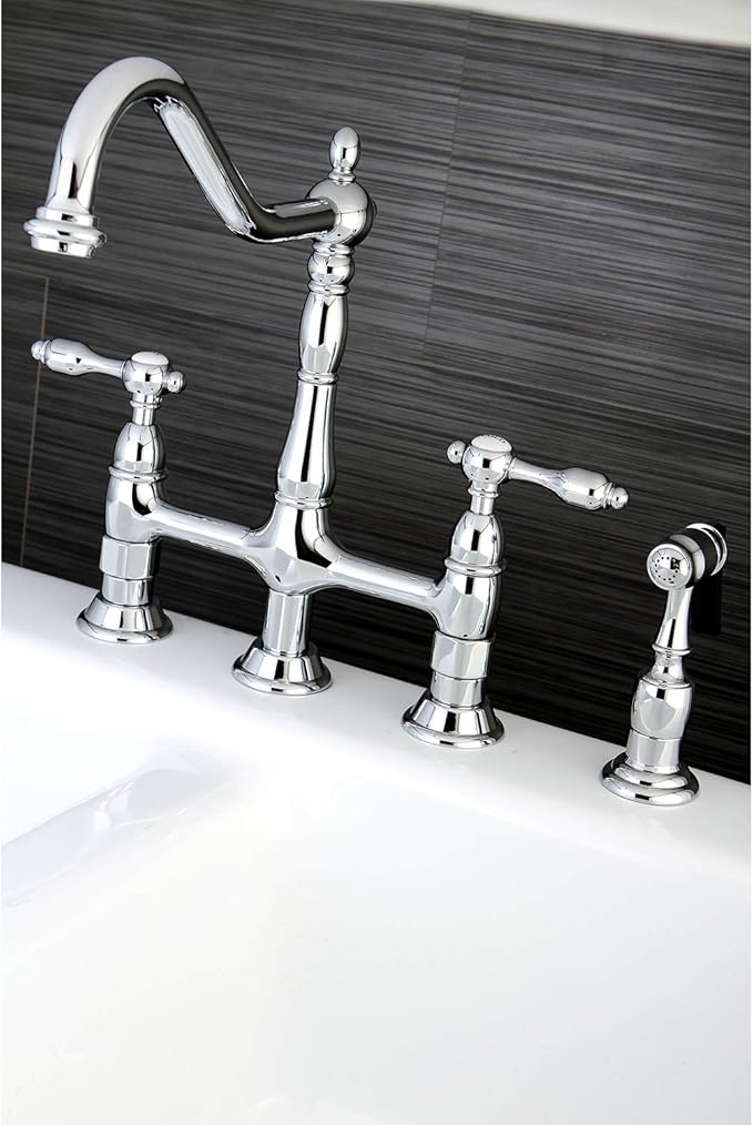 Kingston Brass KS1271TALBS Tudor 8 Inch Center Kitchen Faucet With Brass Sprayer, Polished Chrome, 8-3/4 inch in Spout Reach, Polished Chrome