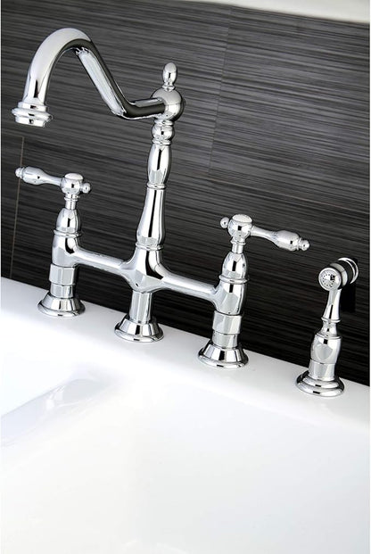 Kingston Brass KS1271TALBS Tudor 8 Inch Center Kitchen Faucet With Brass Sprayer, Polished Chrome, 8-3/4 inch in Spout Reach, Polished Chrome