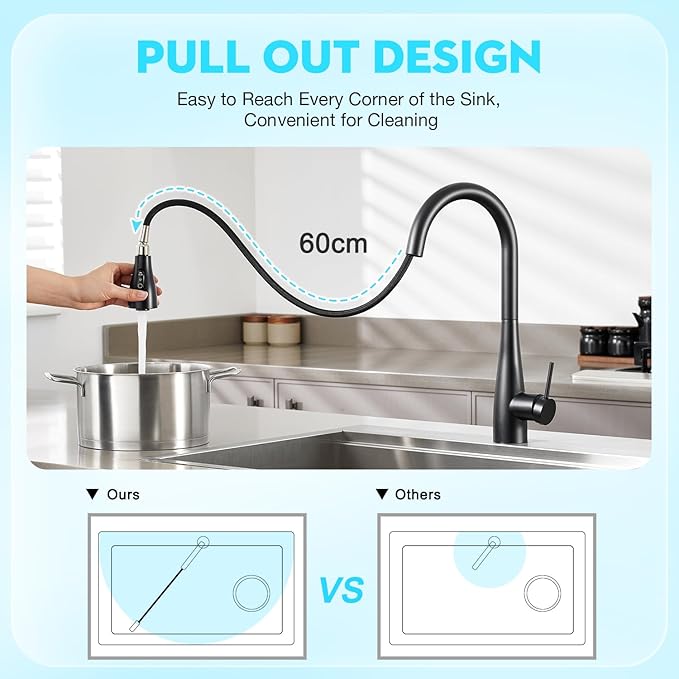 CREA Black Kitchen Faucet, Pull Down Black Kitchen Faucets with Sprayer 3 Modes, Uitility Laundry Faucets Single Hole Bar Sink Faucet 360° Swivel High Arc RV Stainless Steel Faucet, Matte Black