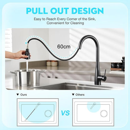 CREA Black Kitchen Faucet, Pull Down Black Kitchen Faucets with Sprayer 3 Modes, Uitility Laundry Faucets Single Hole Bar Sink Faucet 360° Swivel High Arc RV Stainless Steel Faucet, Matte Black