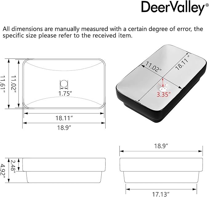 DeerValley Black and White Contrast Rectangle Vessel Sink 18.9x11.61 Inch, Semi-Recessed Ceramic Bathroom Basin with Modern Two-Tone Design