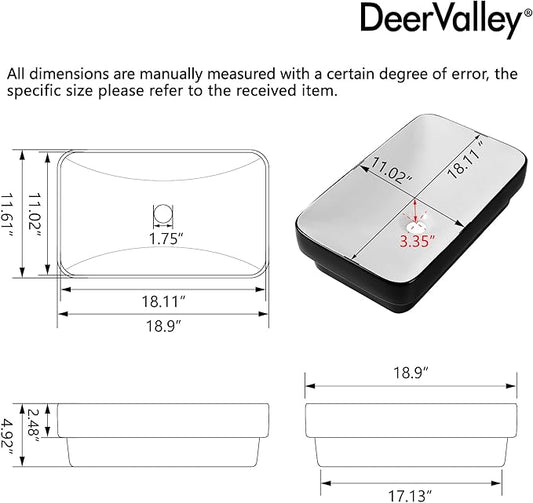 DeerValley Black and White Contrast Rectangle Vessel Sink 18.9x11.61 Inch, Semi-Recessed Ceramic Bathroom Basin with Modern Two-Tone Design