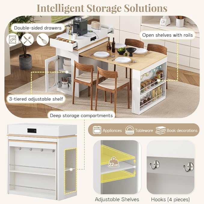 Modern Extendable Dining Table with Folding Tabletop, Kitchen Island with Built-in Outlet & Wheels, Sideboard Buffet Cabinet with Drawers for Dining Room
