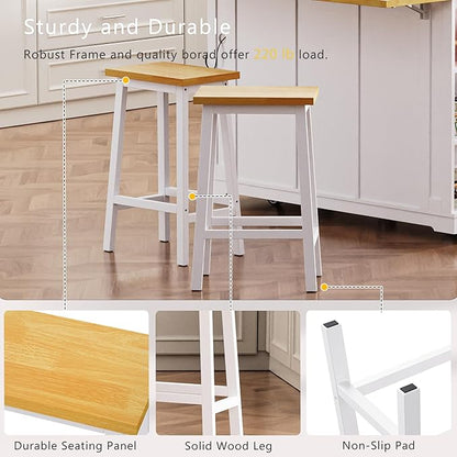 Gecheer Solid Wood Bar Stools Set of 2, 25.6" Tall White Counter Chairs with Footrests, Farmhouse Kitchen Island Seating for Indoor Living Rooms, Dining Rooms LYK-N707P185529W