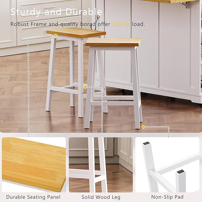 RUNNA 48inch Large Kitchen Island with 2 Bar Stools, Power Outlet, Internal Storage Rack, Kitchen Storage Cart on 5 Wheels, Drop Leaf, 5 Open Side Racks, 2 Drawers, White#015