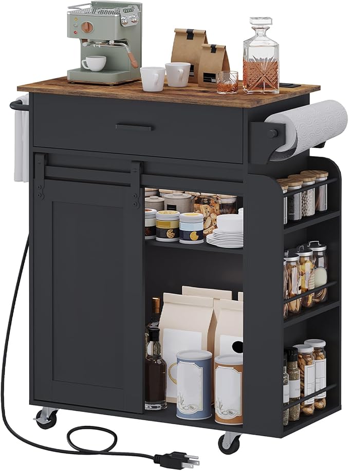 YATINEY Kitchen Island with Storage, Mobile Kitchen Cart with Charging Station, Kitchen Island on Wheels, Rolling Island Table with Sliding Cabinet Door, Black and Rustic Brown ZD01UBR