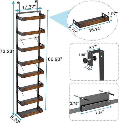 bukfen Over the Door Pantry Organizer, 8-Tier Adjustable Wooden Basket Kitchen Pantry Door Organization and Storage, 2 in 1 Wall Mount or Hanging Heavy-Duty Metal Hanging Kitchen Spice Rack, 1 Pack