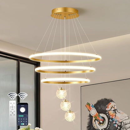 ORANOOR LED Modern 3 Ring Chandeliers for Dining Room, 24in Dimmable Kitchen Pendant Lamp, Gold Dining Room Light Fixtures Ceiling Hanging Over Table, Globe Round Chandeliers for Living Room Bedroom