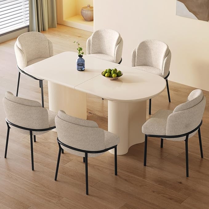 Guyii 55.11" Cream White Dining Table Set with 6 Chairs, Modern Kitchen Table, Indoor Use for Kitchen, Dining Room, Living Room, Small Spaces