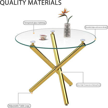 36" Round Glass Dining Table for 4, Modern Dining Room Table with Gold Metal Cross Legs, Adjustable Foot Pads, Tempered Glass Top Kitchen Dinner Tables for Kitchen Dining Room Small Apartment