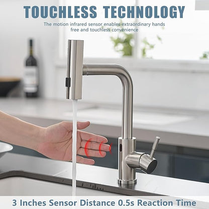 GIMILI Touchless Kitchen Faucet with Pull Down Sprayer, 15” Hight Brushed Nickel Single Hole Handle Kitchen Sink Faucets