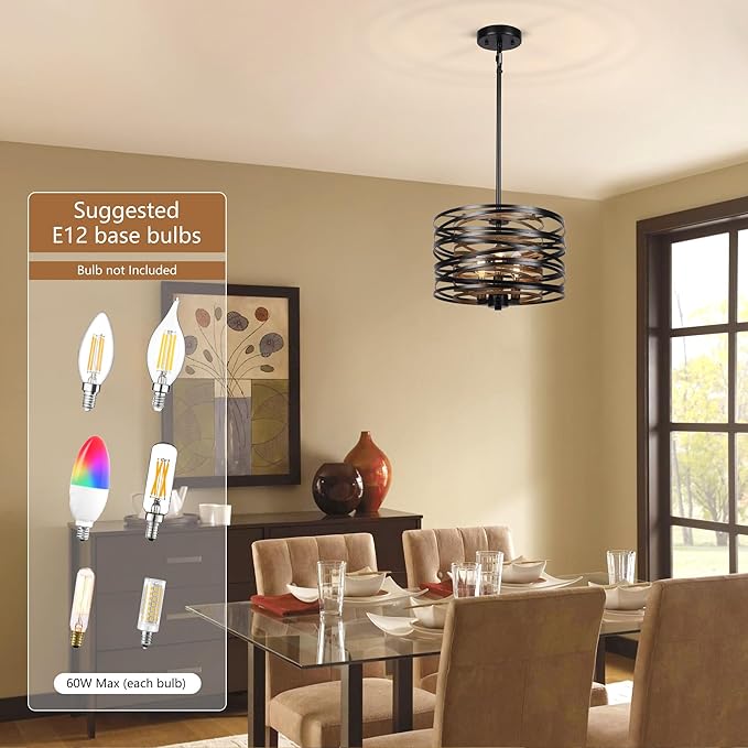 Sigaitwei 3-Light Dining Room Chandelier，12.6" Rustic Black Drum Chandeliers，Wood Grain and Vintage Light Fixture for Kitchen Entryway Living Room