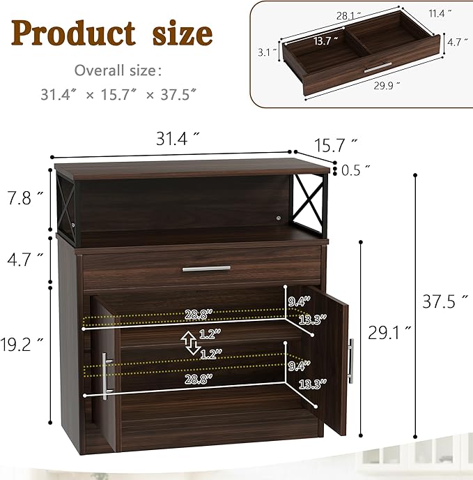 Vongrasig Coffee Bar Cabinet, Farmhouse Kitchen Storage Cabinet with Adjustable Shelf, 31“ Modern Sideboard Buffet Table for Kitchen, Dining Room, Rustic Brown