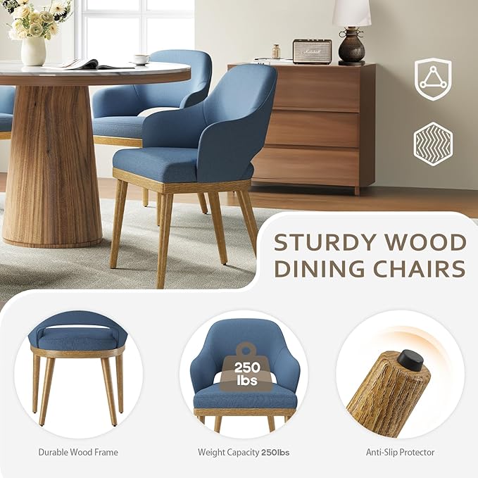 MALOL Wooden Dining Chairs Set of 2, Modern Fabric Upholstered Dining Room Chair, Kitchen Side Chairs, Farmhouse Dinner Chair with Open Back for Kitchen, Blue