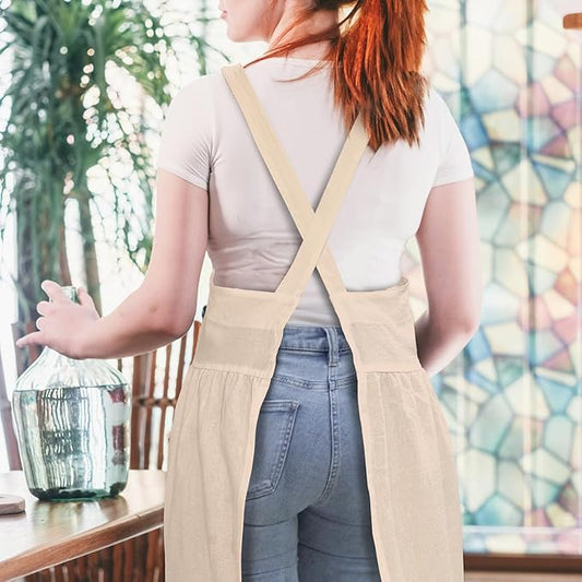 Cityelf Vintage Pinafore Apron Dress Snap Adjust Linen Cotton with Pockets Floral Aprons for Cooking Gardening