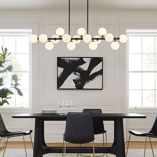 56 Inch Black Linear Chandeliers for Dining Room, Kitchen Island, Living Room, 16-Light Mid Century Modern Light Fixture Over Table, Large Milk White Glass Globe Sputnik Bubble Chandelier