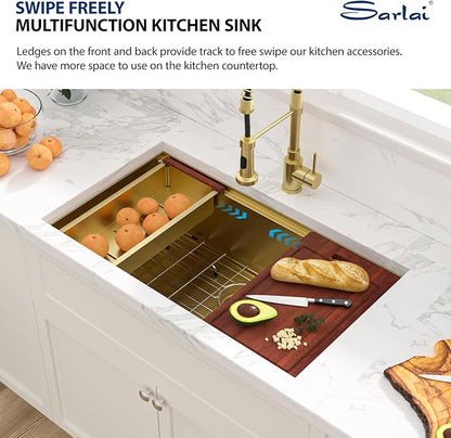 Sarlai 32 Gold Undermount Kitchen Sink - 32" x19" Kitchen Sink Ledge Workstation 16 Gauge Gold Stainless Steel Deep Single Bowl Under Counter Rectangular Sinks Basin