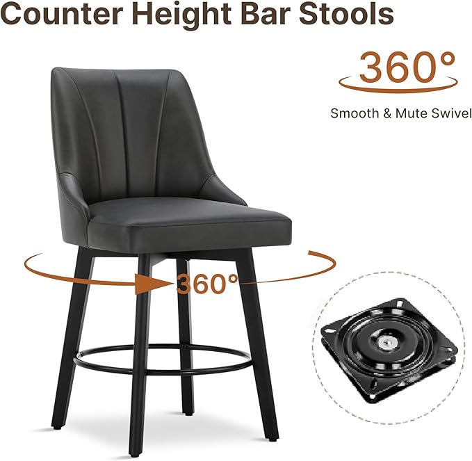24" Counter Height Bar Stools Set of 4, Swivel Bar Stools with Backs, Faux Leather Upholstered Counter Barstools with Solid Wood Legs for Kitchen Island,Black