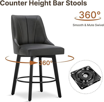 24" Counter Height Bar Stools Set of 4, Swivel Bar Stools with Backs, Faux Leather Upholstered Counter Barstools with Solid Wood Legs for Kitchen Island,Black
