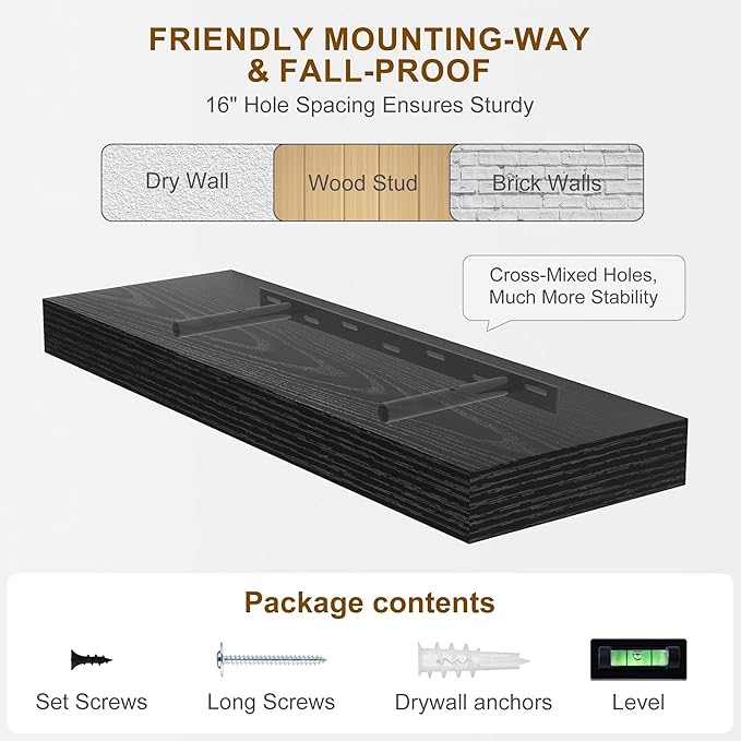Fun Memories Floating Shelves for Wall, 48Inch Long Floating Shelves Set of 1, Hanging Shelf with Invisible Brackets, Wood Shelves for Living Room, Bedroom, Kitchen, Black
