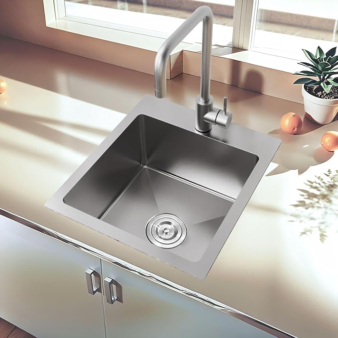 15x17 Inch Bar Sink Drop In, Topmount Kitchen Sink Stainless Steel Square Small Sinks, Single Bowl Kitchen Sinks for Laundry Wet Bar Prep RV Office Outdoor Yard with Grid & Drain
