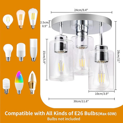 Semi Flush Mount Ceiling Light 3-Light Chrome Flush Mount Ceiling Light Fixtures with Clear Glass Shade, Modern Kitchen Ceiling Light for Bedroom Stairs Porch Hallway Entryway, E26 Socket