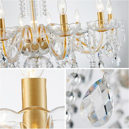 WUZUPS 10-Light Crystal Candle Chandelier Pendant Ceiling Light Modern Lighting Fixture for Bedroom Hallway Bar Kitchen Bathroom, H 26.7" W 33.9", E12 Base, Gold