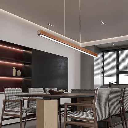 31.5" Wood Linear Pendant Light – Dimmable LED Chandelier with Remote, Adjustable Modern Farmhouse Lighting for Kitchen Islands, Dining Rooms & Bars Walnut Color (19W Energy-Efficient)