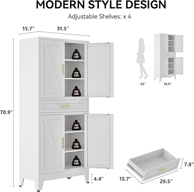 COFaR 71" Tall Pantry Cabinet with Drawer, White Storage Cabinet with Adjustable Shelves, 3-Section Freestanding Cupboard for Kitchen Organization