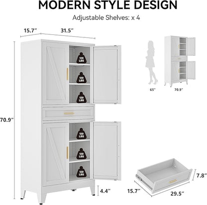 COFaR 71" Tall Pantry Cabinet with Drawer, White Storage Cabinet with Adjustable Shelves, 3-Section Freestanding Cupboard for Kitchen Organization