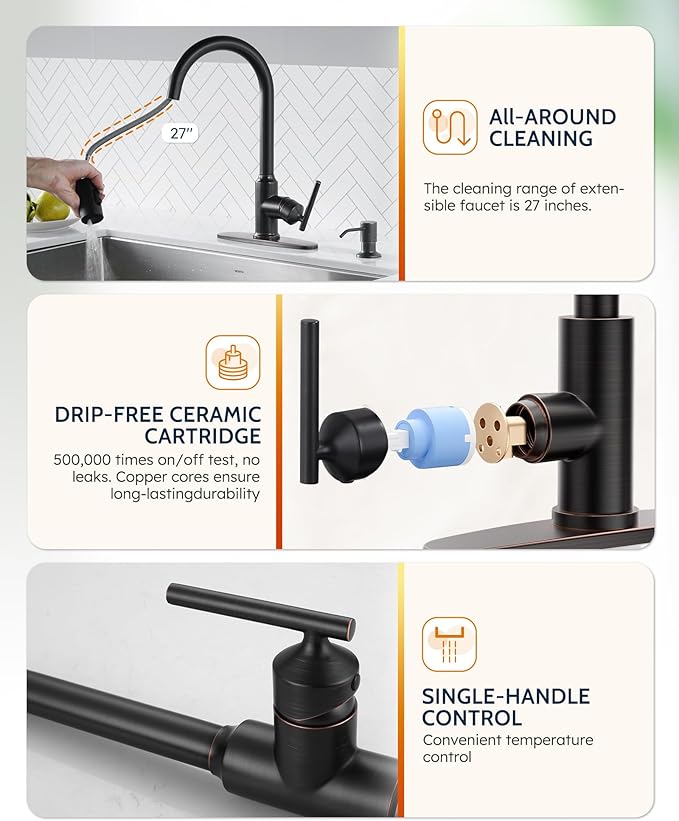 WOWOW Kitchen Faucets with Sprayer, Oil Rubbed Bronze Rv Kitchen Faucet, Single-Handle Camper Outdoor Sink laundry faucets for Utility 4 Hole Kitchen Faucet for Sink Faucet Kitchen with Soap Dispenser