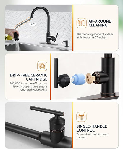 WOWOW Kitchen Faucets with Sprayer, Oil Rubbed Bronze Rv Kitchen Faucet, Single-Handle Camper Outdoor Sink laundry faucets for Utility 4 Hole Kitchen Faucet for Sink Faucet Kitchen with Soap Dispenser