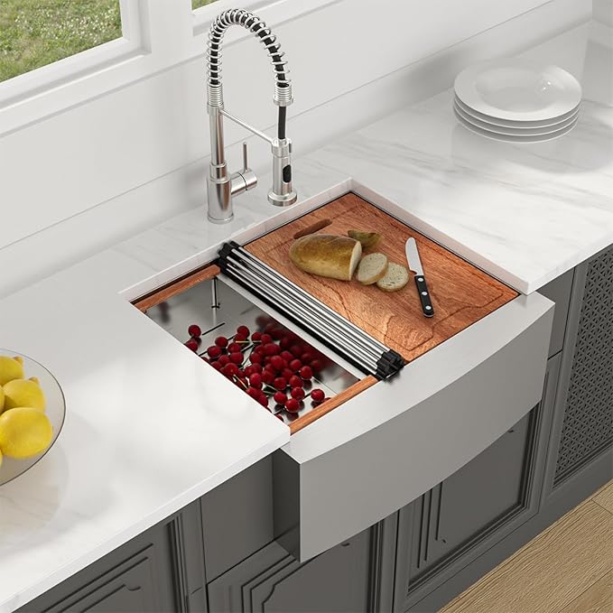 Lordear 24" Farmhouse Sink Short Apron Front Ledge Workstation 24" x 21" Farm Sink 16 Gauge Stainless Steel Single Bowl Kitchen Farm Sinks