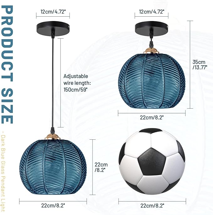 Dark Blue Striped Glass Pendant Light Adjustable Hanging Light Vintage Industrial Ceiling Hanging Fixture for Kitchen Island, Dining Room, Bar, Entryway