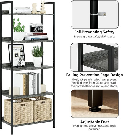 NUMENN Bookshelf, 5 Tier Bookshelves, Home Office Bookcase Shelf Storage Organizer, Free Standing Storage Shelving Unit for Bedroom, Living Room and Home Office, Dark Grey