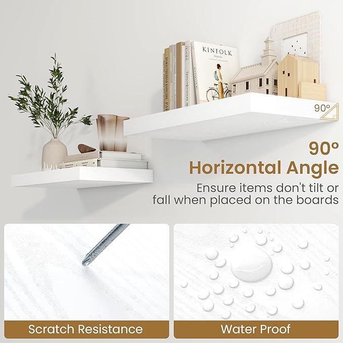 Fun Memories 24 Inch Floating Shelves in White, 9.3 Inch Deep Floating Shelf for Bathroom Living Room Kitchen, Rusitc Wall Mounted Bathroom Shelves 2 Pack, Heavy-Duty Deep Shelf for Books Decor