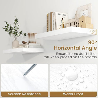 Fun Memories 24 Inch Floating Shelves in White, 9.3 Inch Deep Floating Shelf for Bathroom Living Room Kitchen, Rusitc Wall Mounted Bathroom Shelves 2 Pack, Heavy-Duty Deep Shelf for Books Decor