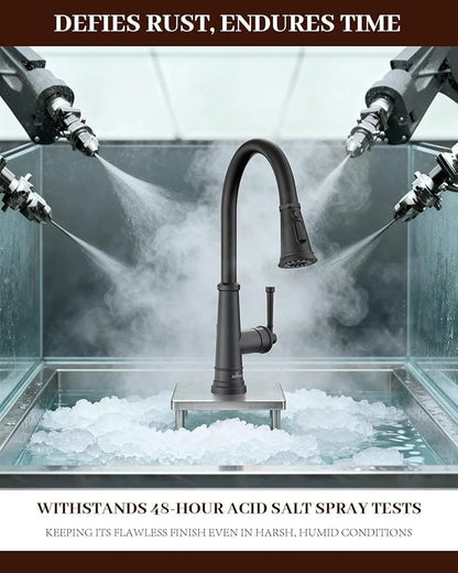 APPASO Vintage Black Kitchen Faucet with Pull-Down Sprayer, 1 or 3 Hole Kitchen Sink Faucets with Deck Plate, Stainless Steel High Arc Single-Handle Sink Faucet, CUPC-Certified Pull-Out Hose