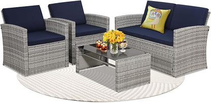 KROFEM 4-Piece Patio Furniture Set, Wicker Outdoor Rattan Sectional Sofa with Cushions and Glass Table, All-Weather Outdoor Conversation Set, Ideal for Garden, Porch, Backyard, Navy