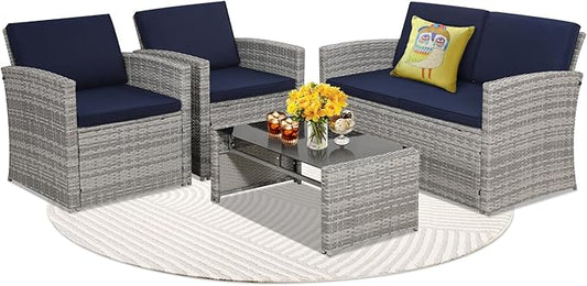 KROFEM 4-Piece Patio Furniture Set, Wicker Outdoor Rattan Sectional Sofa with Cushions and Glass Table, All-Weather Outdoor Conversation Set, Ideal for Garden, Porch, Backyard, Navy